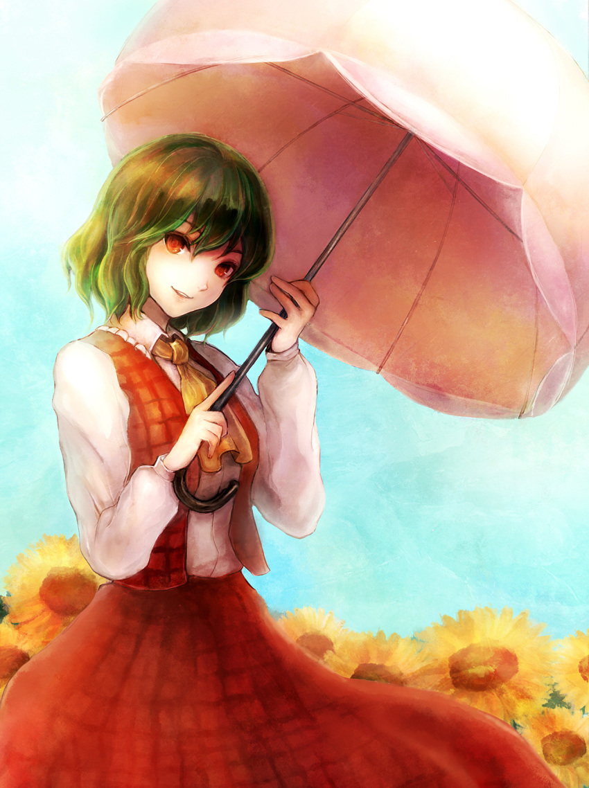 flower green_hair hands highres kazami_yuuka kintsuku parasol parody plaid plaid_skirt plaid_vest red_eyes short_hair skirt skirt_set smile solo style_parody sunflower touhou umbrella