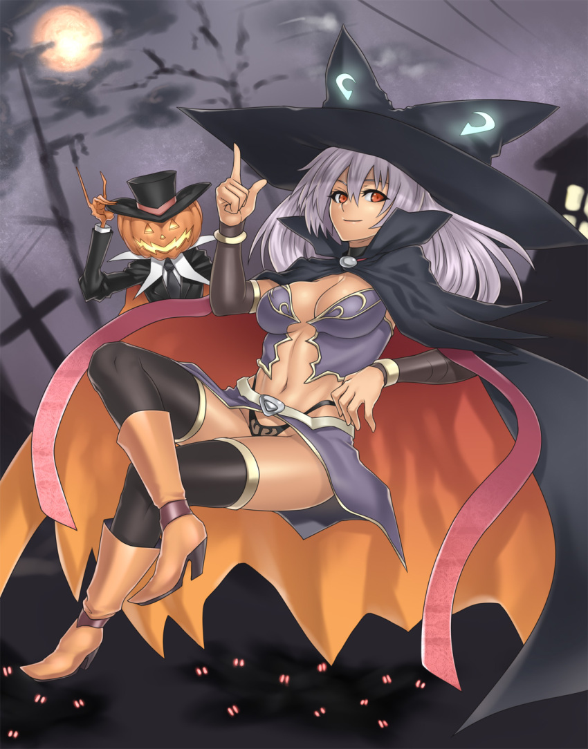 1girl cape cleavage cross crossed_legs halloween hat highres houtengeki jack-o'-lantern large_breasts long_hair moon pumpkin purple_hair red_eyes sitting solo thighhighs witch witch_hat