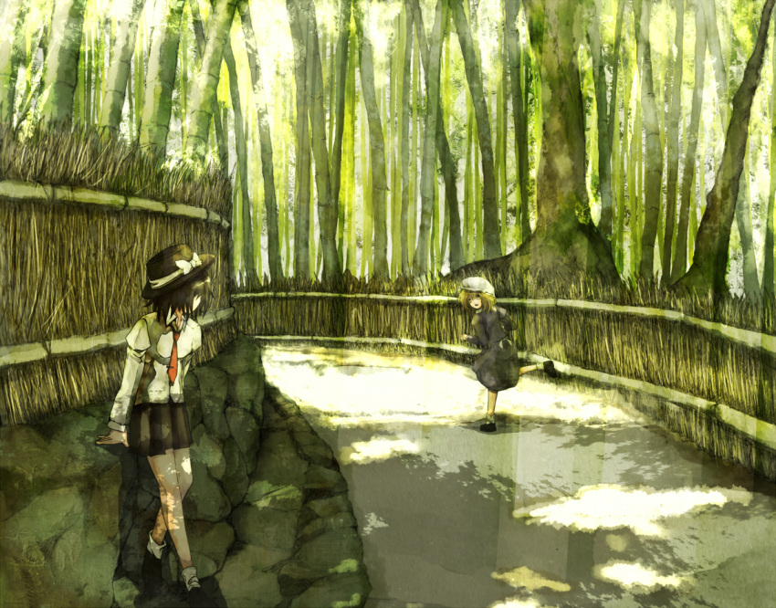 bamboo bamboo_forest forest kyoto looking_back maribel_hearn multiple_girls nature road running scenery shade shadow sunlight tokoroten_(hmmuk) touhou usami_renko wall