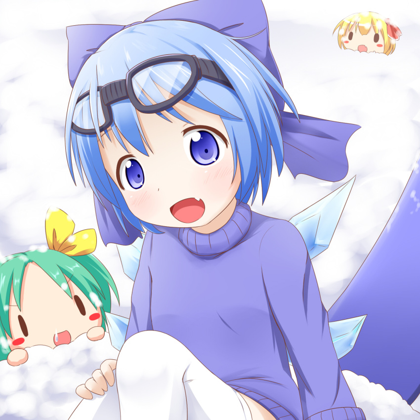 3girls alternate_costume blonde_hair blue_eyes blue_hair blush_stickers bow cirno daiyousei fang goggles goggles_on_head green_hair hair_bow hair_ribbon highres ice ice_wings looking_at_viewer makuran multiple_girls naked_sweater open_mouth ribbon rumia side_ponytail smile snot snow snow_on_head snowboard sweater thigh-highs touhou white_legwear wings zettai_ryouiki |_|