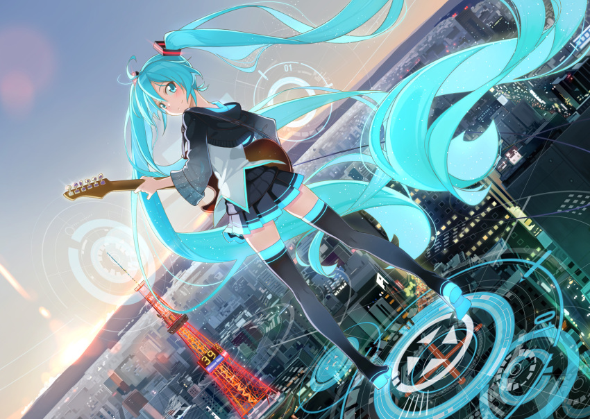 1girl 39 aqua_eyes aqua_hair beek boots character_name city dutch_angle electric_guitar from_behind guitar hatsune_miku highres instrument long_hair looking_back skirt solo thigh-highs thigh_boots tokyo_tower twintails very_long_hair vocaloid