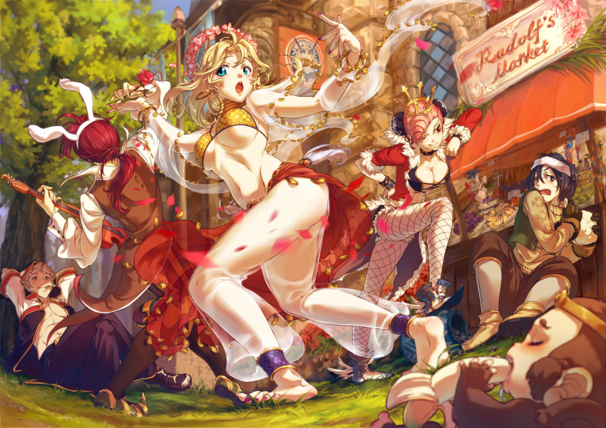 2girls 3boys animal_ears anklet banana bar barefoot black_hair blonde_hair blue_eyes blush breasts brown_eyes character_request cleavage dancer_(ragnarok_online) earrings english esha fishnets flower food fruit fur_trim harem_pants headband highres hoop_earrings instrument jacket jewelry large_breasts midriff monkey multiple_boys multiple_girls nail_polish navel necklace open_mouth pompadour ponytail rabbit_ears ragnarok_online red_eyes redhead rose short_hair short_shorts shorts sitting soles sweater toenail_polish underboob violin waistcoat