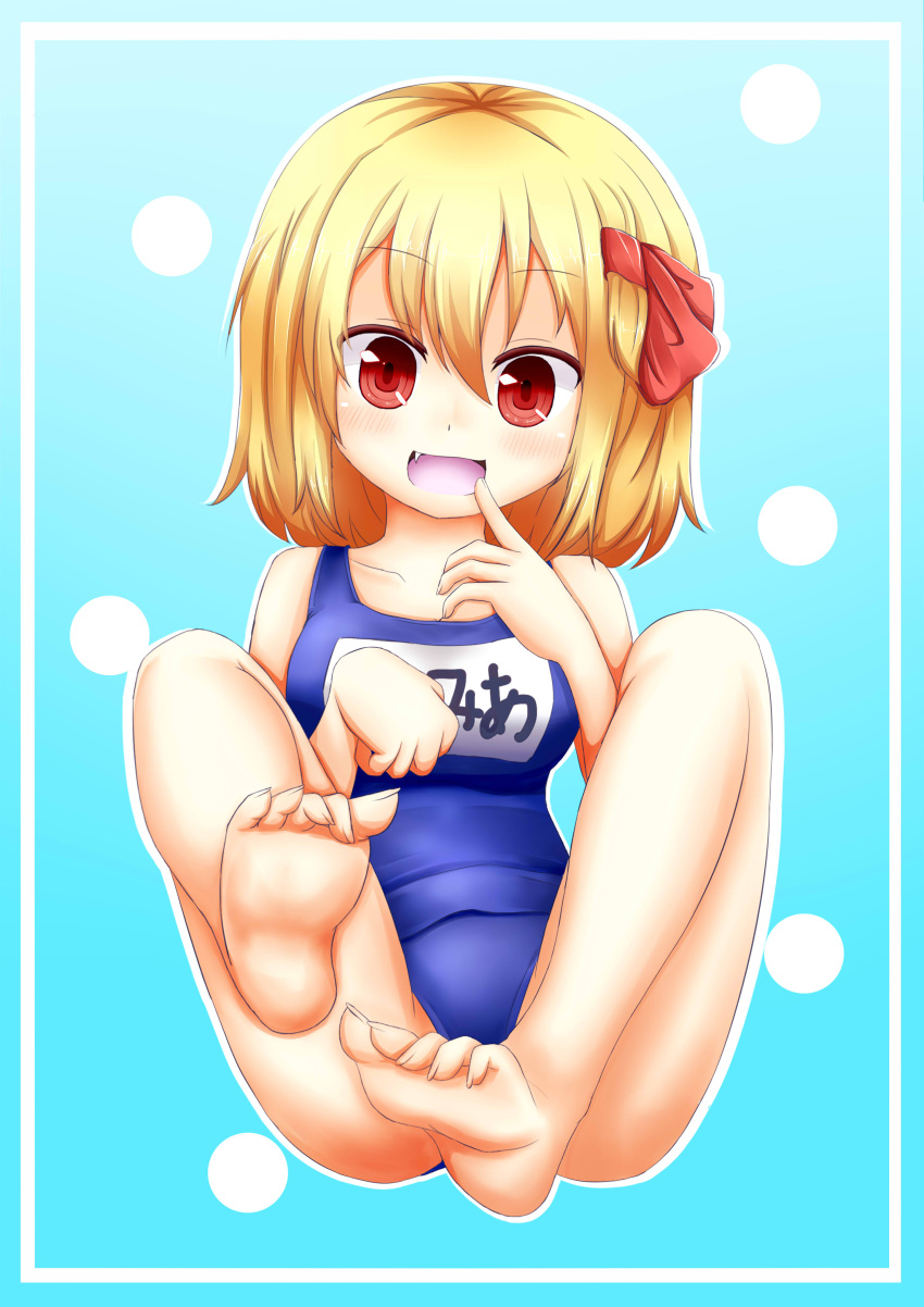 1girl absurdres bare_legs barefoot blonde_hair blush breasts fang hair_ribbon highres name_tag one-piece_swimsuit oohirakeisuke open_mouth red_eyes ribbon rumia short_hair smile solo swimsuit touhou