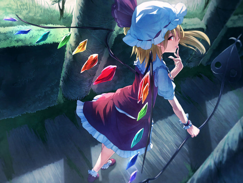 1girl :p blonde_hair bobby_socks flandre_scarlet hat highres ibuki_notsu laevatein licking looking_at_viewer looking_back red_eyes side_ponytail socks solo tongue tongue_out touhou white_legwear wings wrist_cuffs