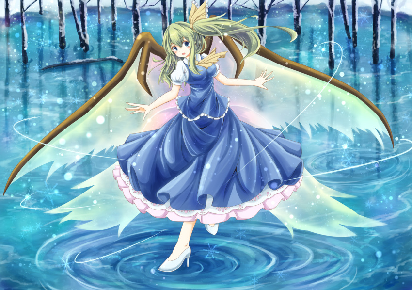 1girl alternate_wings ascot bare_tree blush breasts daiyousei eyelashes green_eyes green_hair hair_ribbon high_heels lake layered_skirt leaning_over light_trail looking_at_viewer open_hand open_mouth outstretched_arms puffy_short_sleeves puffy_sleeves ribbon ripples runathito short_sleeves side_ponytail skirt skirt_set snowflakes snowing solo sparkle standing_on_one_leg standing_on_water touhou tree wind wings