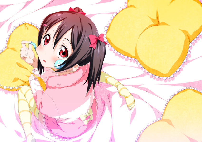 1girl 2c=galore black_hair blush bow from_above hair_bow hair_ornament hairclip long_hair looking_at_viewer looking_up love_live!_school_idol_project open_mouth red_eyes sitting skirt solo sticker striped striped_legwear thigh-highs twintails wariza yazawa_nico yellow_legwear