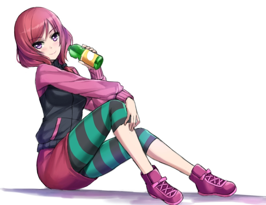 1girl blush boots bottle holding jacket leggings long_sleeves looking_at_viewer love_live!_school_idol_project nishikino_maki redhead rough sitting skirt smile solo striped striped_legwear tonee violet_eyes water_bottle white_background