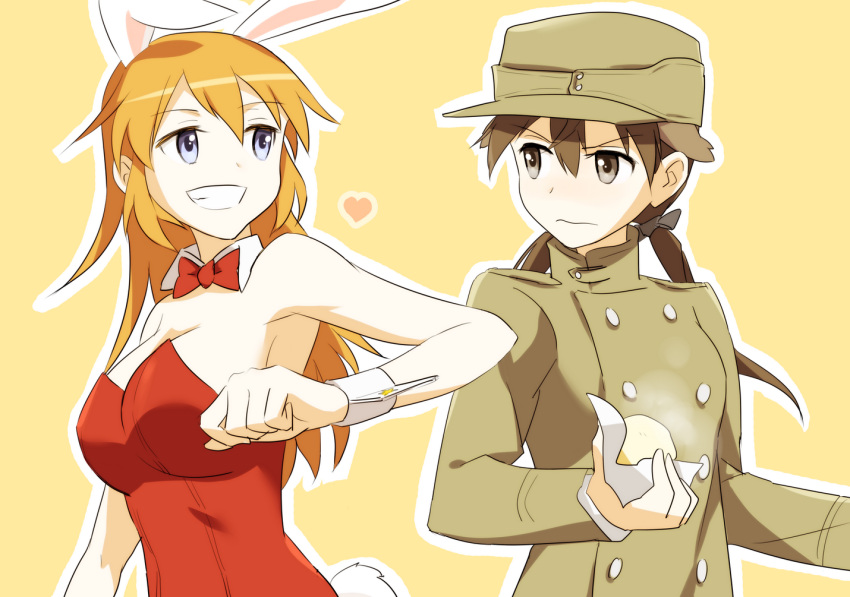 2girls animal_ears bare_shoulders blue_eyes breasts brown_eyes brown_hair bunny_girl bunny_tail charlotte_e_yeager collar gertrud_barkhorn grin heart kisetsu large_breasts military military_hat military_uniform multiple_girls necktie potato rabbit_ears smile strike_witches tail teeth uniform wrist_cuffs