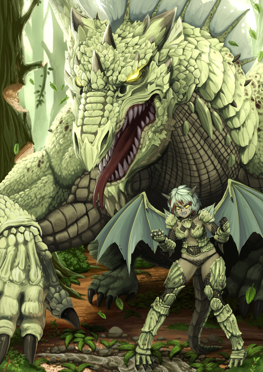 1girl aqua_hair barbariank bared_teeth dragon dragon_girl dragon_tail dragon_wings dungeons_and_dragons forest glowing glowing_eyes green_skin highres horns monster_girl nature scales short_hair tail talons wings yellow_eyes