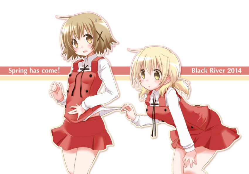 2014 2girls :o blonde_hair bolo_tie brown_eyes brown_hair circle_name dated dress_shirt english hair_ornament hairclip hand_on_knee hidamari_sketch leaning_forward long_sleeves looking_at_another low_ponytail miyako multiple_girls number open_mouth outline ponytail quro_(black_river) school_uniform shirt shirt_grab short_hair short_ponytail skirt standing sweatdrop vest white_background yellow_eyes yuno