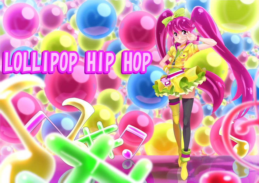 1girl aino_megumi alternate_form bow bubble colorful cure_lovely hair_bow hand_on_hip happinesscharge_precure! highres hoodie lollipop_hip_hop long_hair magical_girl mismatched_footwear multicolored_background musical_note nukosann pink_eyes pink_hair precure skirt smile solo standing thigh-highs twintails v wrist_cuffs yellow_skirt