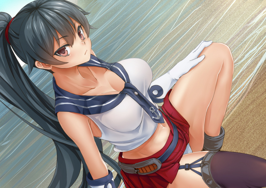 1girl beach black_hair breasts brown_eyes cleavage collarbone dutch_angle garter_straps gloves highres impossible_clothes impossible_shirt kantai_collection large_breasts long_hair looking_at_viewer midriff mound_of_venus navel neav panties personification ponytail school_uniform serafuku single_thighhigh skirt solo thigh-highs underwear white_panties yahagi_(kantai_collection)