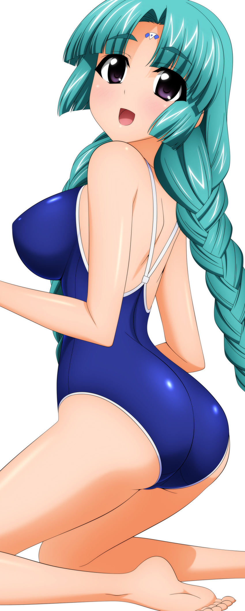 1girl :d absurdres ass braid canal_vorfeed green_hair highres kneeling long_hair looking_at_viewer lost_universe open_mouth school_swimsuit smile sugimura_tomokazu swimsuit violet_eyes