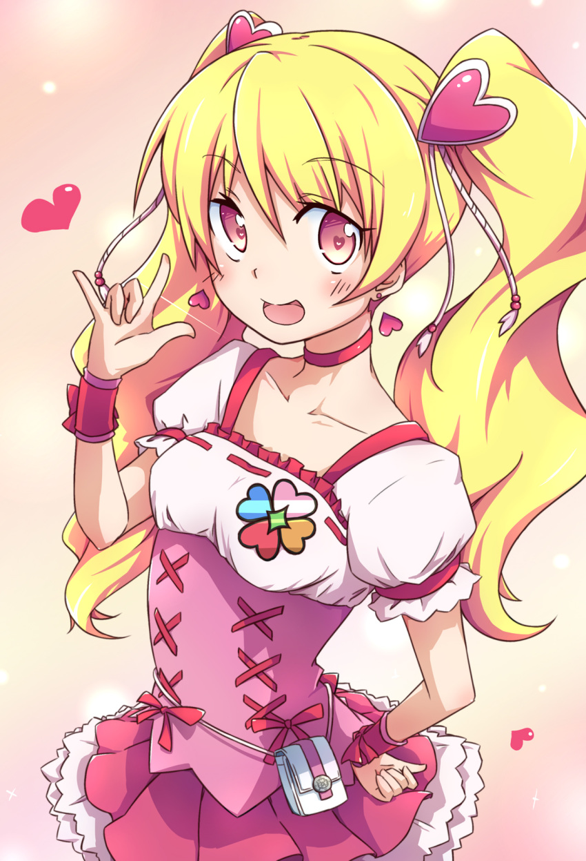 1girl blonde_hair blush choker cure_peach dress earrings eyelashes fresh_precure! hair_ornament happy heart heart_hair_ornament highres jewelry kirimochi long_hair looking_at_viewer magical_girl momozono_love open_mouth pink_dress pink_eyes precure smile solo standing twintails wrist_cuffs