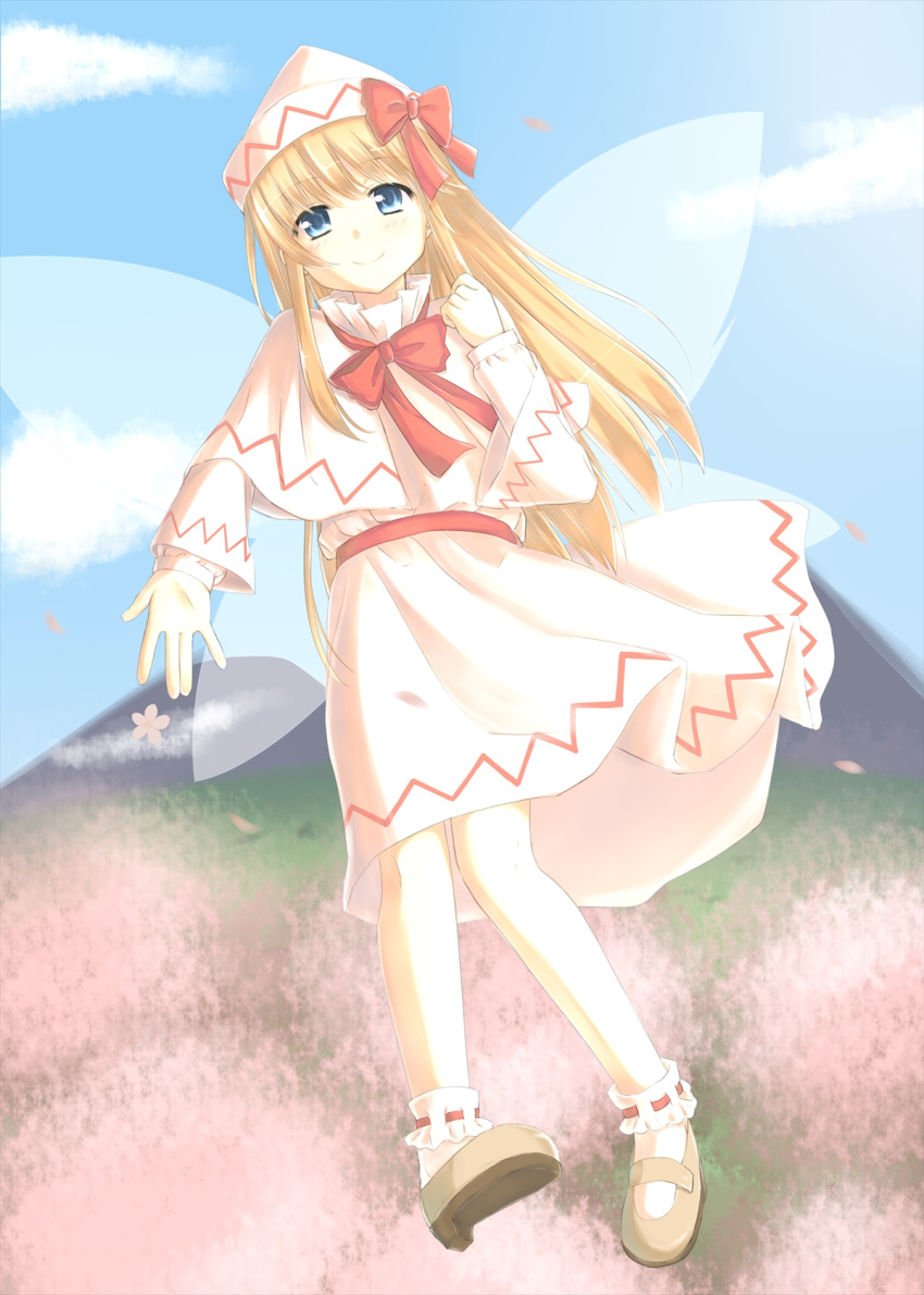 1girl blonde_hair blue_eyes blue_sky blush bow capelet cherry_blossoms clenched_hand clouds dress fairy_wings flying hat hat_bow highres kazari_s lily_white long_hair long_sleeves looking_at_viewer mountain open_hand payot petals red_bow shoes sky smile socks solo touhou transparent_wings wings