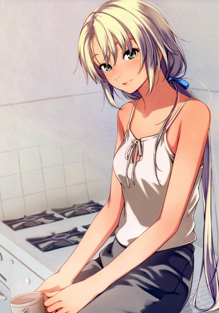 1girl absurdres artist_request bare_shoulders blonde_hair camisole cup green_eyes hair_ribbon highres kagamigawa_chloe lips long_hair looking_at_viewer low_ponytail memories_off memories_off_6 mug ribbon scan sitting smile solo stove very_long_hair