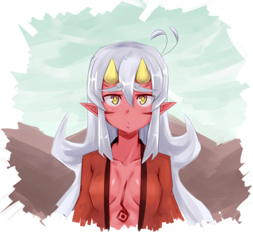 1girl antenna_hair eyebrows grandmastag horns long_hair oni open_clothes original payot pointy_ears red_oni red_skin small_breasts solo tattoo thick_eyebrows