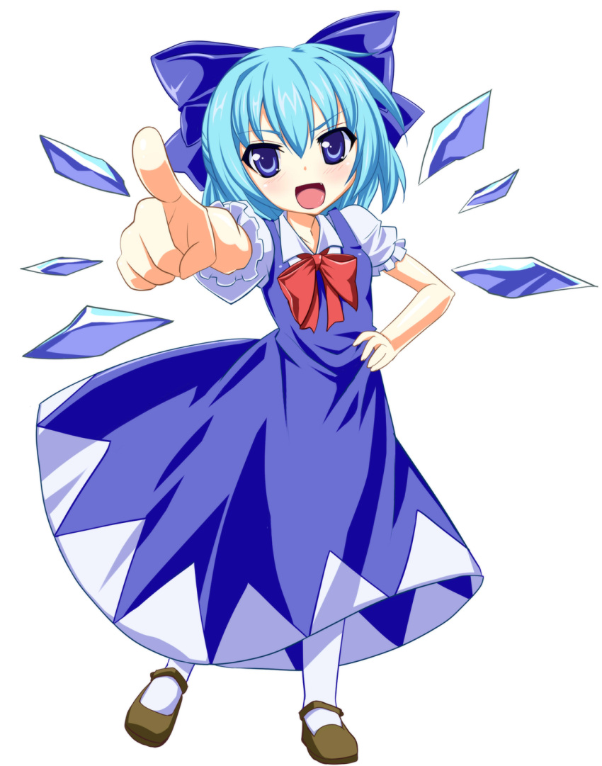 1girl aqua_hair blue_eyes bow cirno dress hair_bow hand_on_hip highres ice ice_wings pointing pointing_at_viewer short_hair solo touhou wings yagami_(mukage)