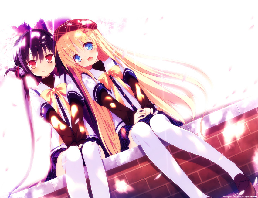 2girls :d black_hair blonde_hair blue_eyes brick_wall cherry_blossoms clover_days hair_ornament hat long_hair multiple_girls nimura_yuuji open_mouth red_eyes ribbon school_uniform sitting smile takakura_anri takakura_anzu thighhighs twintails white_legwear