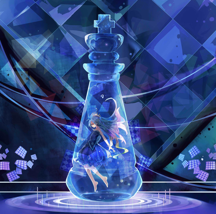 1girl absurdres blue_hair brown_eyes chess_piece chessboard dress highres long_hair looking_at_viewer multicolored_hair no_game_no_life purple_hair shiro_(no_game_no_life) solo zzzzxxx2010nian