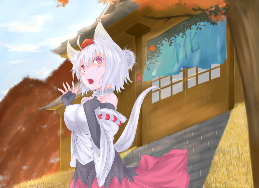 1girl ahoge animal_ears autumn_leaves bare_shoulders blush breasts detached_sleeves fingerless_gloves gloves hand_on_own_chest hat highres inubashiri_momiji large_breasts leaf looking_at_viewer open_mouth pom_pom_(clothes) red_eyes shirt short_hair silver_hair skirt solo tail touhou tree wolf_ears wolf_tail