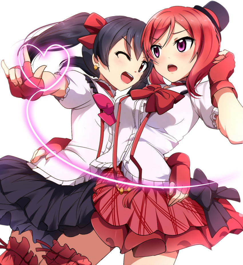 2girls arm_around_waist black_hair bow earrings fingerless_gloves gloves hat heart highres jewelry looking_at_viewer love_live!_school_idol_project mini_top_hat multiple_girls nishikino_maki open_mouth puffy_sleeves red_eyes red_gloves redhead shirt short_sleeves skirt thigh_strap top_hat twintails umakatsuhai violet_eyes wink yazawa_nico