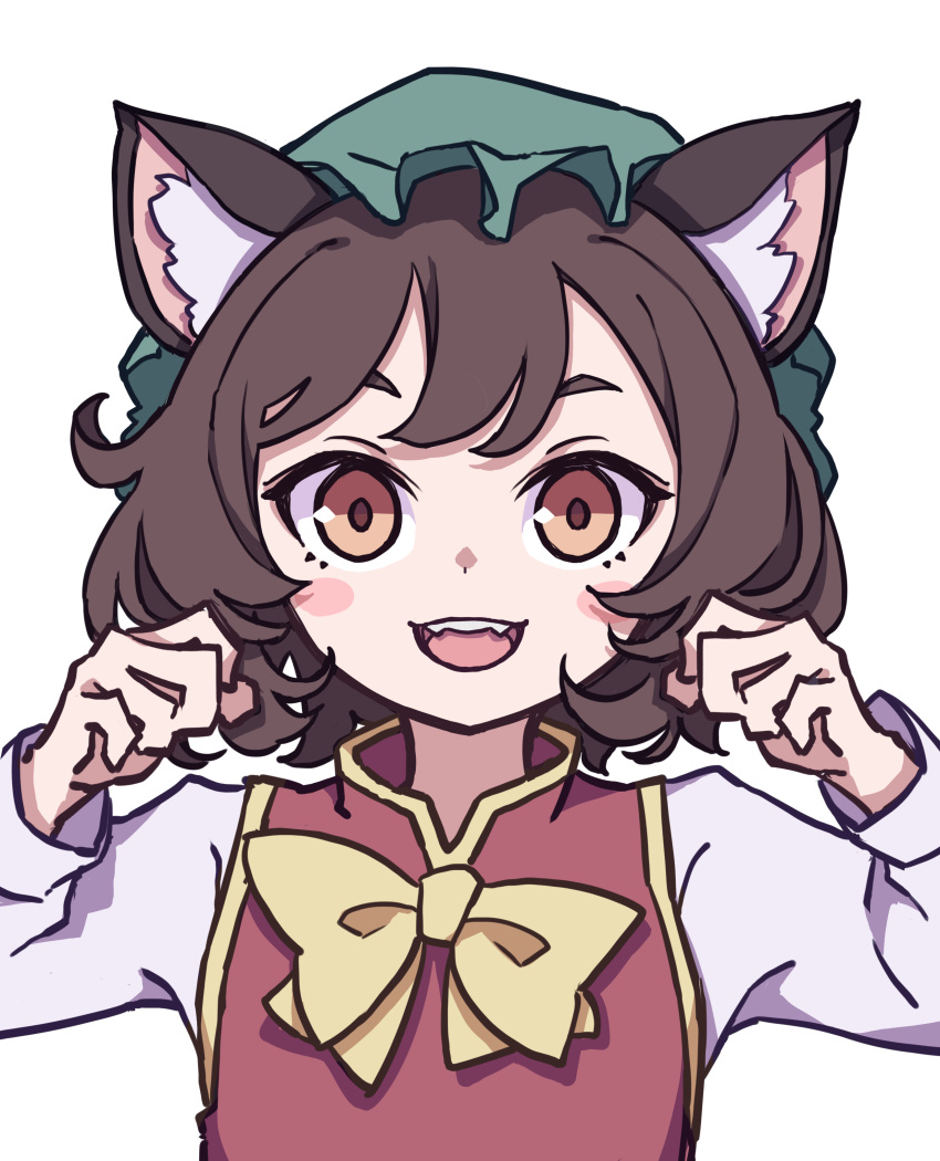 1girl absurdres animal_ears brown_hair cat_ears cat_tail chen dress earrings green_headwear hat highres jewelry kame_(kamepan44231) mob_cap multiple_tails red_dress short_hair simple_background single_earring solo tail touhou two_tails white_background