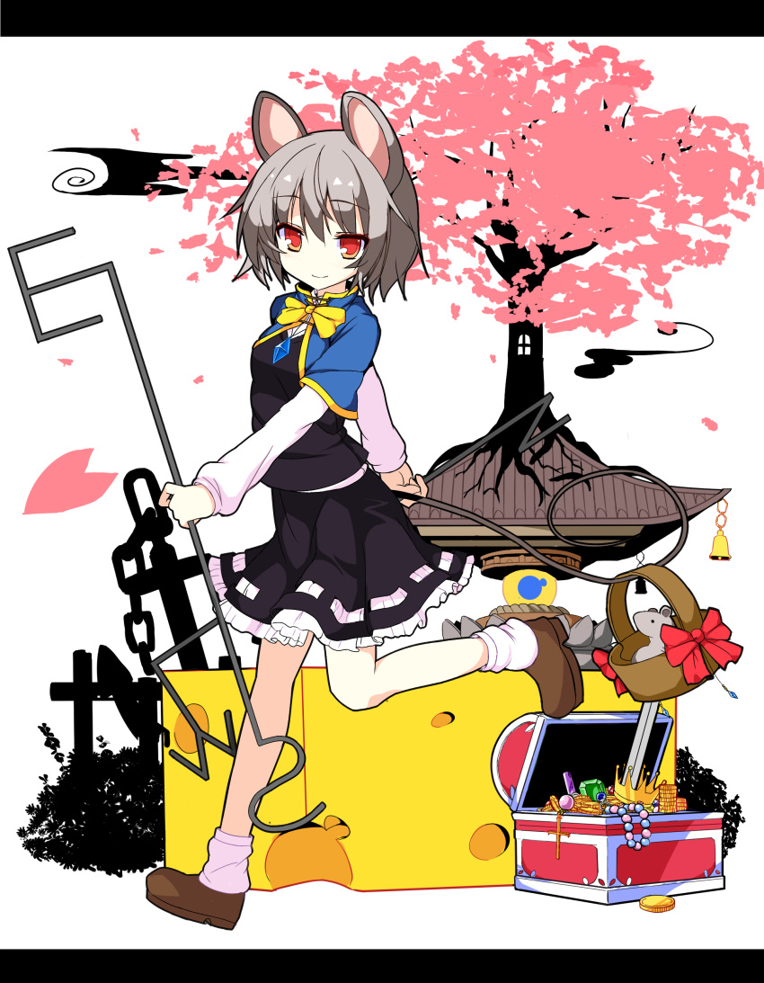 1girl 5240mosu absurdres animal_ears bishamonten's_pagoda cheese cherry_blossoms grey_hair highres mouse mouse_ears mouse_tail nazrin petals red_eyes rod solo tail touhou treasure_chest