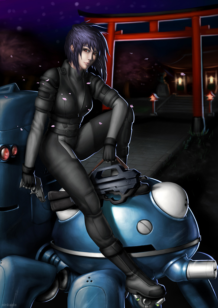 1girl artist_name bodysuit boots breasts cherry_blossoms cyberpunk fingerless_gloves ghost_in_the_shell ghost_in_the_shell_stand_alone_complex gloves gun highres jacket kusanagi_motoko looking_at_viewer mecha pistol purple_hair red_eyes riding rifle robot seburo_c26a seburo_m5 short_hair shrine sinkasis statue tachikoma torii unzipped weapon wind