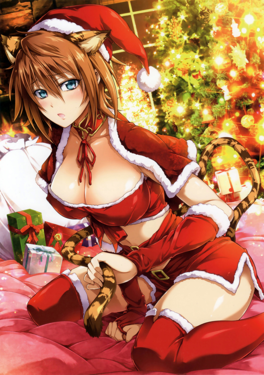 1girl absurdres animal_ears arm_support arm_warmers blue_eyes breasts brown_hair capelet choker cleavage fur_trim gift hair_between_eyes highres large_breasts leaning_forward looking_at_viewer midriff navel omega_2-d red_legwear sack santa_costume sitting skirt solo tail thigh-highs tiger_ears tiger_tail wariza