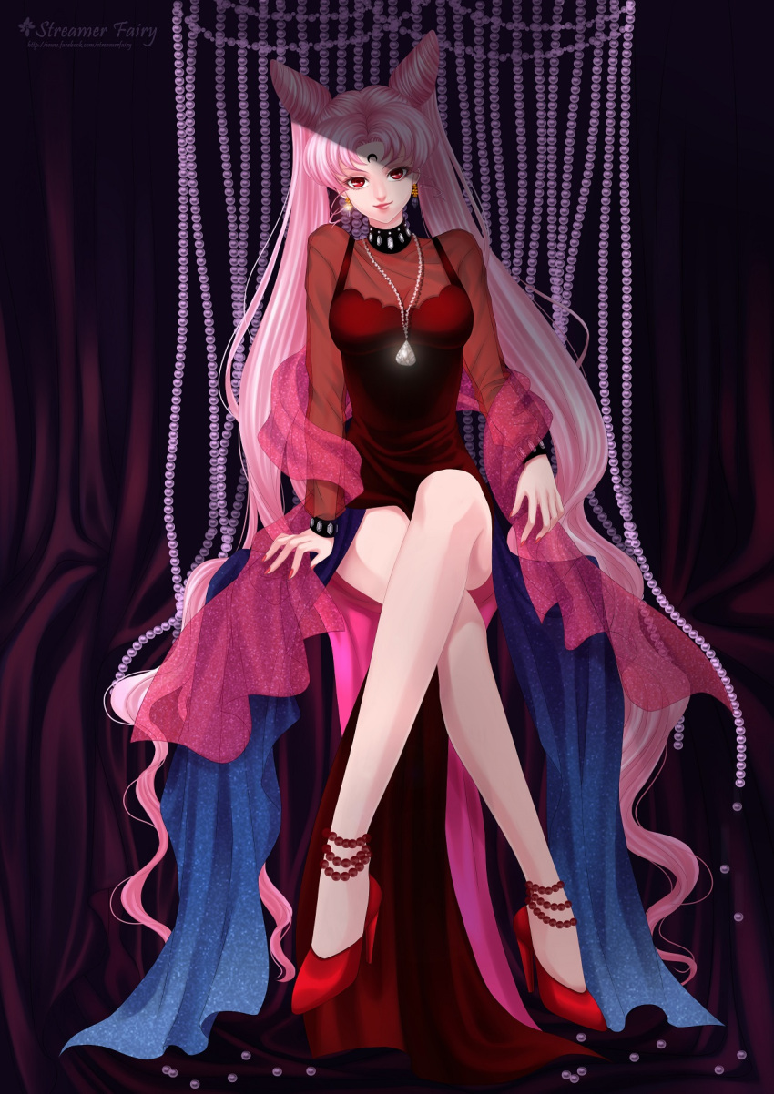 1girl anklet bishoujo_senshi_sailor_moon black_lady chibi_usa crossed_legs curtains diamond double_bun dress earrings facial_mark forehead_mark high_heels highres jewelry koya lipstick long_hair makeup necklace older pink_hair red_eyes smile solo twintails
