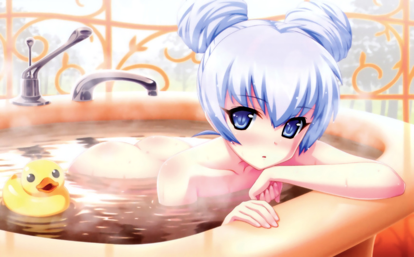 1girl absurdres artist_request ass bare_shoulders bathing bathtub blue_eyes blue_hair blush collarbone double_bun highres looking_at_viewer muvluv muvluv_alternative nude parted_lips partially_submerged rubber_duck scan solo steam yashiro_kasumi