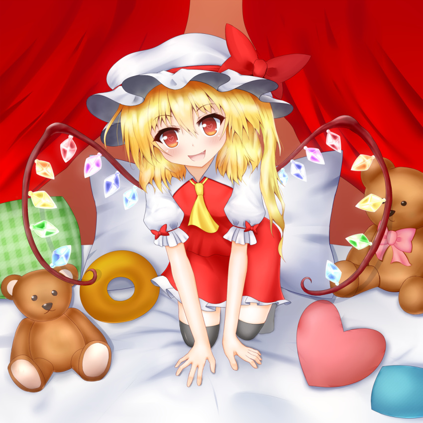 1girl all_fours ascot bedroom black_legwear blonde_hair blush bow fang flandre_scarlet hat hat_bow highres red_eyes side_ponytail solo stuffed_animal stuffed_toy teddy_bear touhou wings ymd_(holudoun)