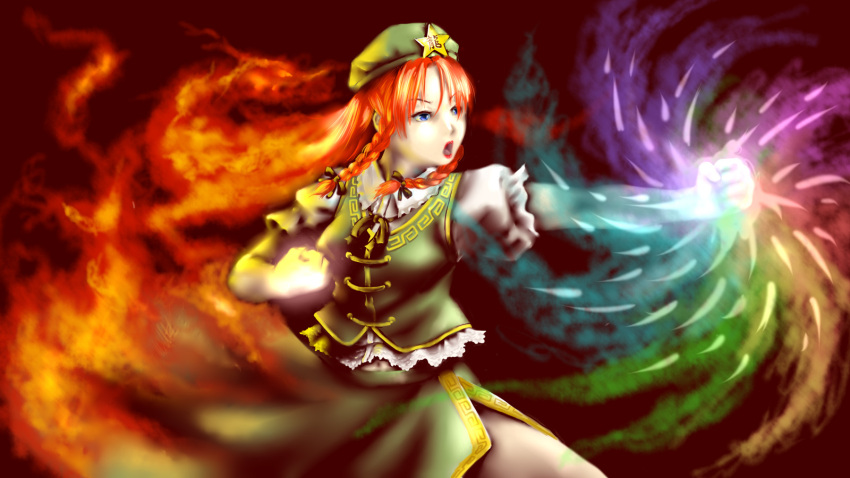 1girl blue_eyes bow braid clenched_hands danmaku facing_away fiery_background fighting_stance fire glowing_hands hair_bow hat highres hong_meiling kawahagi_modoki lips long_hair open_mouth outstretched_arm redhead short_sleeves skirt skirt_set solo star touhou twin_braids