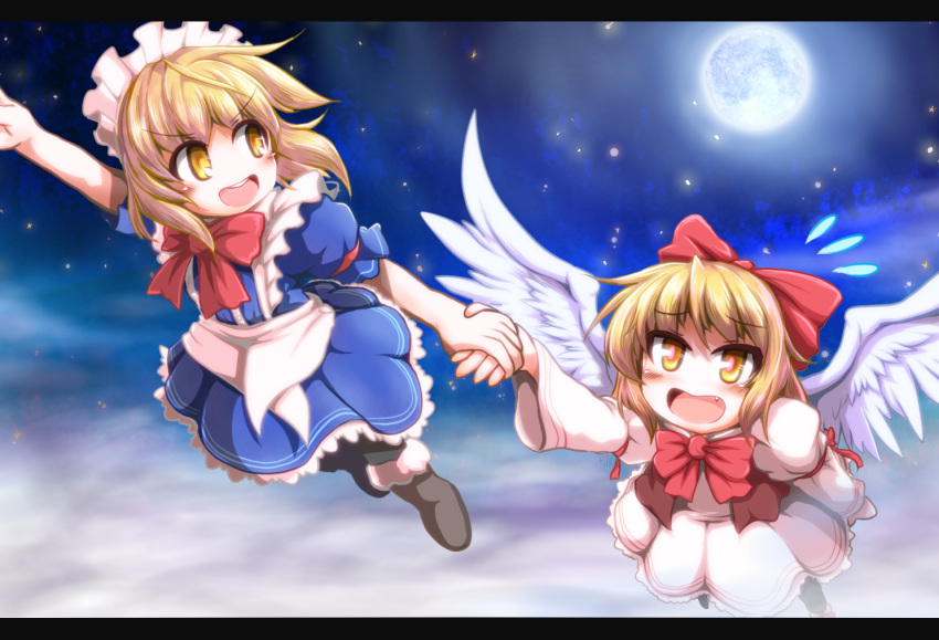 2girls blonde_hair boots bow clouds fang female flying full_moon gengetsu hair_bow holding_hand long_sleeves maid maid_headdress moon mugetsu multiple_girls night night_sky open_mouth puffy_short_sleeves puffy_sleeves red_bow red_ribbon ribbon short_hair short_sleeves sky sore_(whirlwind) star_(sky) starry_sky touhou touhou_(pc-98) wings yellow_eyes