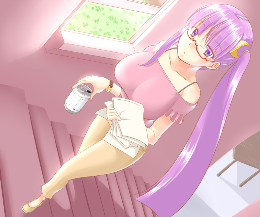 1girl alternate_costume alternate_hairstyle bare_shoulders bespectacled bra_strap breasts can casual collarbone contemporary crescent drink dutch_angle glasses highres huge_breasts long_hair pants paper patchouli_knowledge perspective purple_hair reizou side_ponytail solo stairs touhou very_long_hair violet_eyes window