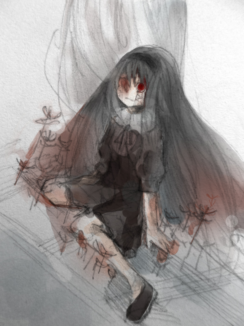 1girl absurdres akemi_homura black_hair blood blood_on_face flower funeral_dress hairband highres homulilly long_hair mahou_shoujo_madoka_magica mahou_shoujo_madoka_magica_movie red_eyes solo spoilers witch_(madoka_magica)