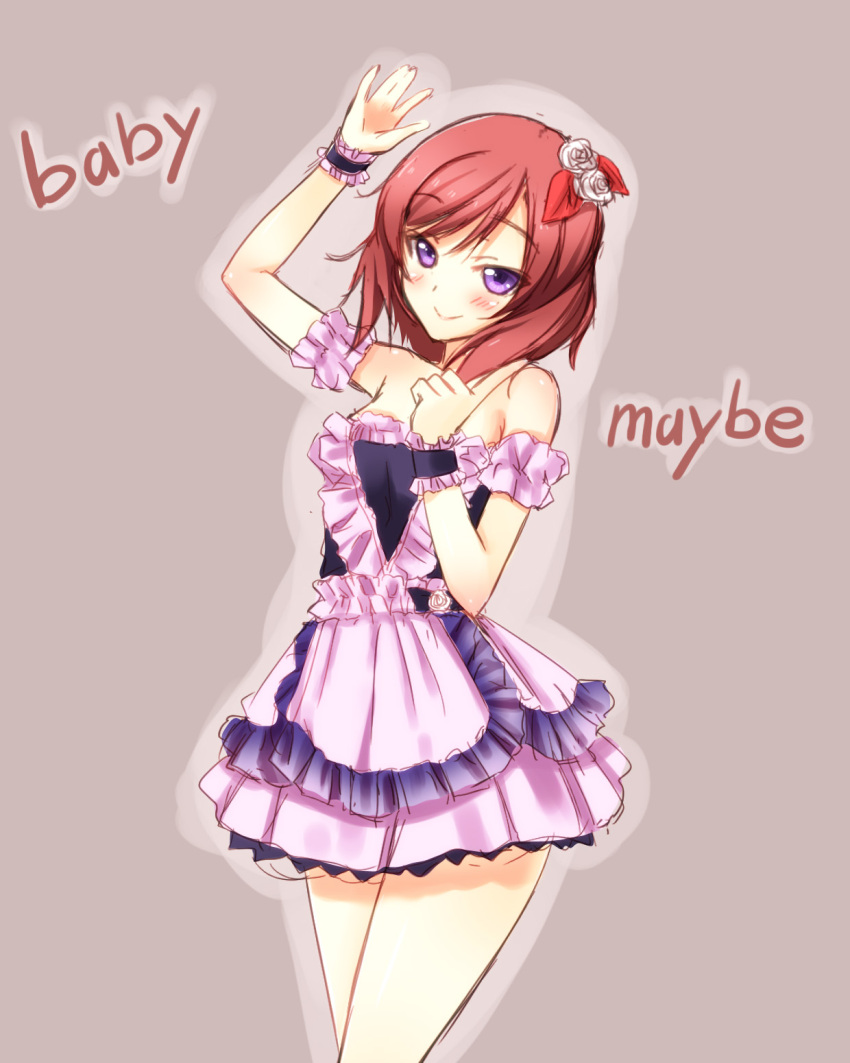 1girl armband bare_shoulders blush brown_background dress flower frilled_dress frills hair_flower hair_ornament hand_up highres idol index_finger_raised looking_at_viewer love_live!_school_idol_project nishikino_maki outline redhead short_hair simple_background sleeveless smile solo standing violet_eyes yu-ta