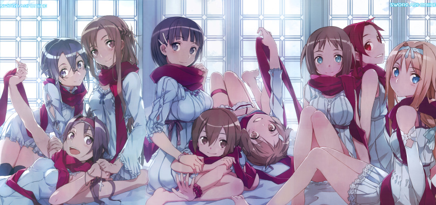 6+girls :d abec absurdres alice_schuberg asada_shino asuna_(sao) barefoot black_eyes black_hair blue_eyes breasts brown_eyes brown_hair character_request cropped dress freckles glasses grin hair_ornament hairclip highres huge_filesize incredibly_absurdres kirigaya_suguha knees_up lisbeth long_sleeves looking_at_viewer lying multiple_girls on_back on_stomach open_mouth photoshop red_eyes red_scarf redhead rls ronye_arabel scan scarf short_hair silica sitting skirt smile stitched sword_art_online tagme thigh_strap tiese_schtrinen twintails violet_eyes window yuuki_(sao) yuuki_asuna