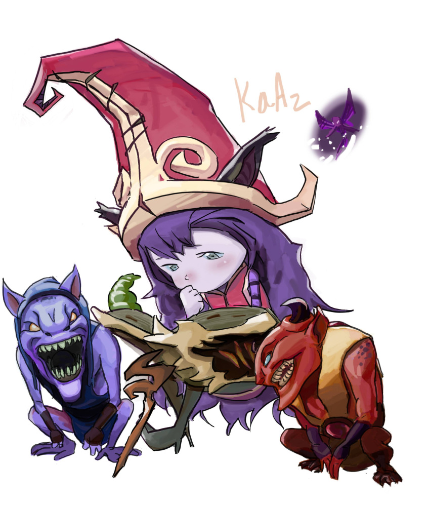 absurdres artist_request blush book defense_of_the_ancients demon demon_horns dota_2 hand_on_own_face hat high_heels highres horns league_of_legends long_hair lulu_(league_of_legends) necronomicon open_mouth purple_hair reading source_request