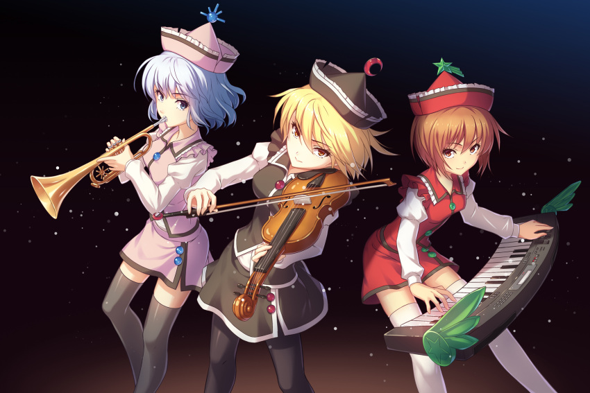 3girls athrun1120 black_legwear blonde_hair bow_(instrument) brown_eyes brown_hair crescent_moon gradient gradient_background hat highres instrument keyboard_(instrument) lavender_hair long_sleeves lunasa_prismriver lyrica_prismriver merlin_prismriver moon multiple_girls pantyhose playing_instrument shooting_star siblings sisters skirt skirt_set smile thigh-highs touhou trumpet violet_eyes violin white_legwear yellow_eyes zettai_ryouiki