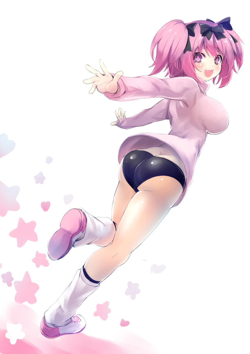 1girl :d ass blush bow breasts buruma butt_crack from_behind full_body hair_bow hair_ribbon hibari_(senran_kagura) highres jijii48 long_sleeves looking_back loose_socks open_mouth outstretched_arms pink_hair ribbon senran_kagura shoes smile socks solo standing_on_one_leg star symbol-shaped_pupils violet_eyes white_background