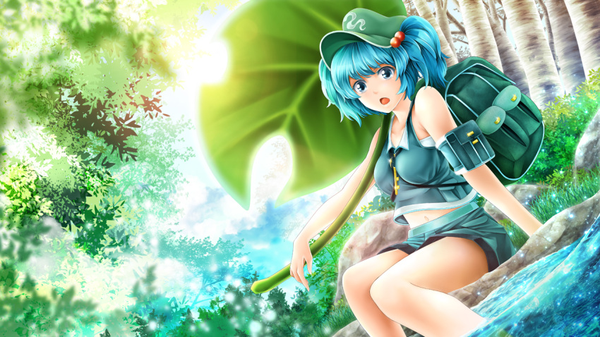 1girl adapted_costume arkatopia backpack bag bare_shoulders blue_eyes blue_hair breasts hair_bobbles hair_ornament hat kappa kawashiro_nitori key leaf_umbrella looking_at_viewer midriff open_mouth short_hair shorts sitting sleeveless solo sunlight touhou tree twintails water
