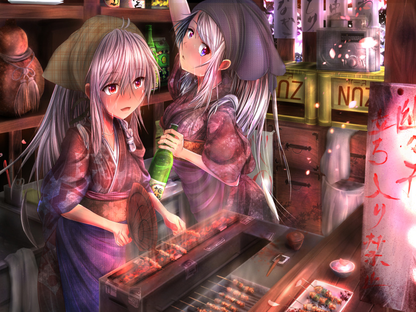 2girls alternate_costume alternate_hairstyle apron bandaid beer_crate blue_eyes blue_hair cooking eel fan food food_stand fujiwara_no_mokou hot japanese_clothes kamishirasawa_keine kimono liquor long_hair looking_over_shoulder multiple_girls paper_fan plate pops radio red_eyes shelf soy_sauce steam sweat sweating tagme tasuki touhou traditional_clothes trash_can uchiwa white_hair window