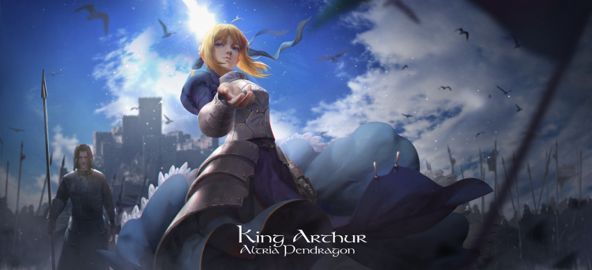 1girl ahoge armor armored_dress battlefield bird blonde_hair breastplate fate/stay_night fate_(series) faulds green_eyes highres lens_flare lightofheaven outstretched_hand polearm saber solo_focus spear vambraces weapon