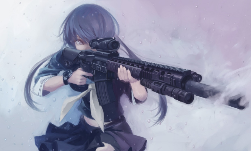 1girl aiming ar-15 assault_rifle blue_hair gun hidden_mouth long_hair midriff original rain rifle school_uniform serafuku skirt solo terabyte_(rook777) twintails violet_eyes watch watch weapon