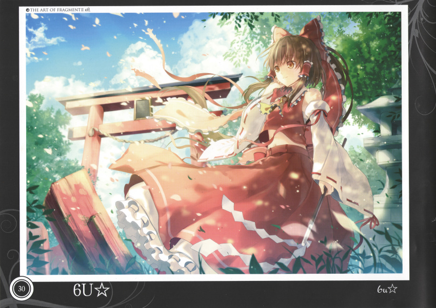 1girl 6u_(eternal_land) absurdres artist_name ascot blue_sky brown_eyes brown_hair clouds detached_sleeves frilled_skirt frills gohei hair_ornament hair_ribbon hair_tubes hakurei_reimu highres huge_filesize japanese_clothes long_sleeves midriff miko nature navel ponytail ribbon scan shirt short_hair skirt skirt_set sky smile solo text torii touhou tree vest wide_sleeves