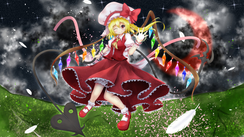 1girl blush bow crescent_moon feathers flandre_scarlet hat hat_bow highres laevatein moon open_hands red_eyes red_moon side_ponytail solo touhou wink wrist_cuffs ymd_(holudoun)