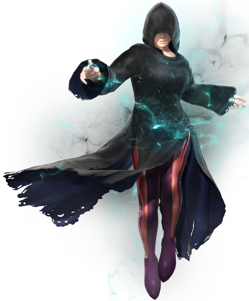 1girl 3d breasts cloak covered_eyes dead_or_alive dead_or_alive_5 electricity highres hood large_breasts official_art pantyhose phase-4 solo