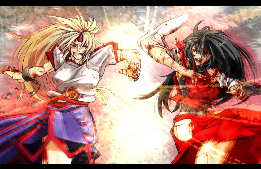 2girls battle black_hair blonde_hair blood breasts detached_sleeves grin hakama horn hoshiguma_yuugi japanese_clothes large_breasts leotard letterboxed long_hair m.u.g.e.n motion_blur multiple_girls muscle nontraditional_miko original red_eyes rion_(glayjirobass) scar sendai_hakurei_no_miko shackles skirt slit_pupils smile t-shirt textless torn_clothes touhou